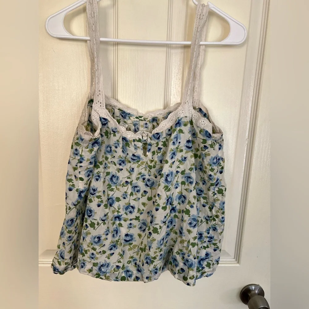 LOFT Blue Floral Lace Trim Camisole Tank Top Size L - Picture 7 of 8
